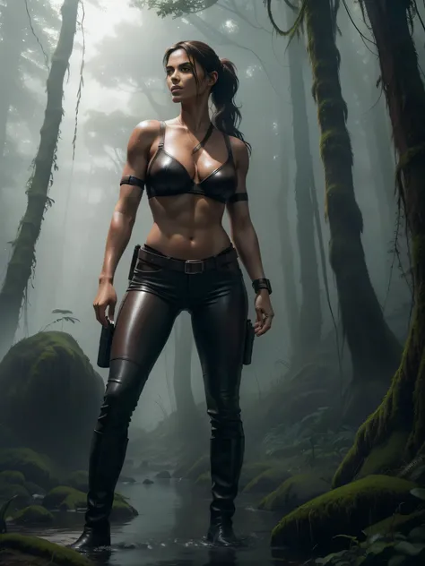 full body lara croft, long brown ponytail, brown eyes, high arched eyebrows, red lips, leather pants, leather bra deep leather boots in jungle, (Realistic,photoRealistic,photo-Realistic:1.37),Horror,dark and gloomy atmosphere with dramatic lighting, Vivid ...