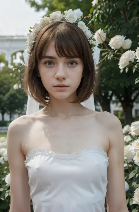 (Mejor calidad,hyper realistic,ultra detallado,8K), adolescente, Fifteen years old, shy, sad, palidez, grandes ojos azules, piel muy blanca, small nose, short brown hair with bangs, melancholia, delicado, femenino, cuerpo delgado, garden of a thousand whit...