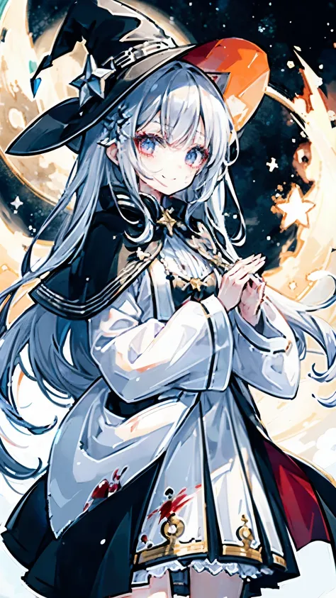 young girl、human、A magician who always smiles、large witch hat 、cute、long white hair、Red eyes and glazed eyes、Bangs are heavy、Thin eyebrows、fantasy、intake、double teeth、star motif、Seiza motif、monochrome clotheetal look decoration、cape、A little dark atmospher...