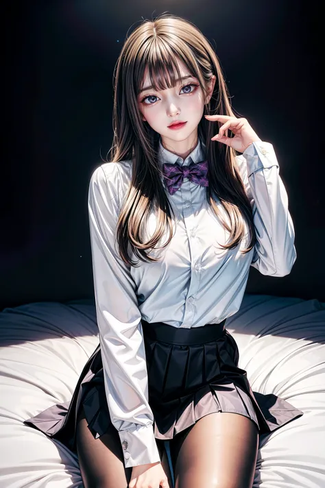 Simple White Background, Brown_blazer_jacket,long_sleeves, bowtie, pleated skirt, pantyhose, Black_hair,Long_hair,purple_eyes,Bangs, 1 girl, 20yo,Young female,Beautiful Finger,Beautiful long legs,Beautiful body,Beautiful Nose,Beautiful character design, pe...