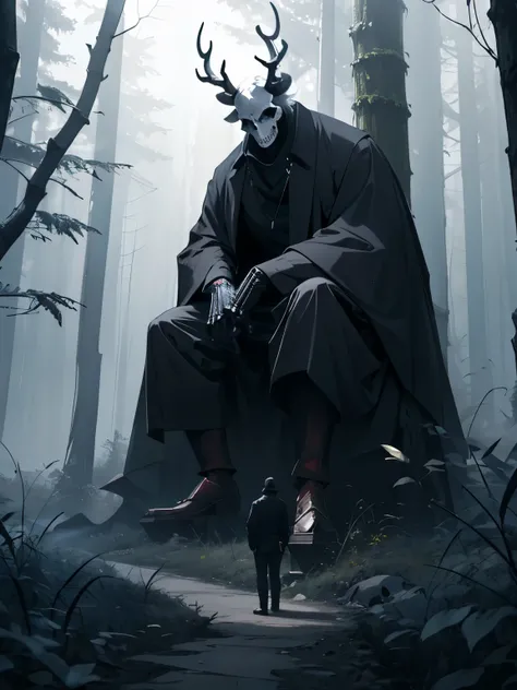 a large figure of a creature with a horned animal skull instead of a head, a small figure of a man stands in front of him, a misty gloomy forest around, horror