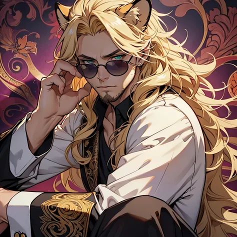 Purple and gold paisley jacket, ((one male)), lion ears, long hair, blond, blond hair, green eyes, tall, muscular, white shirt, ((beautiful face)), ((highest quality)), ((masterpiece)), ((2d)), (anime), perfect face, (((highest detail))), feline eyes, stub...