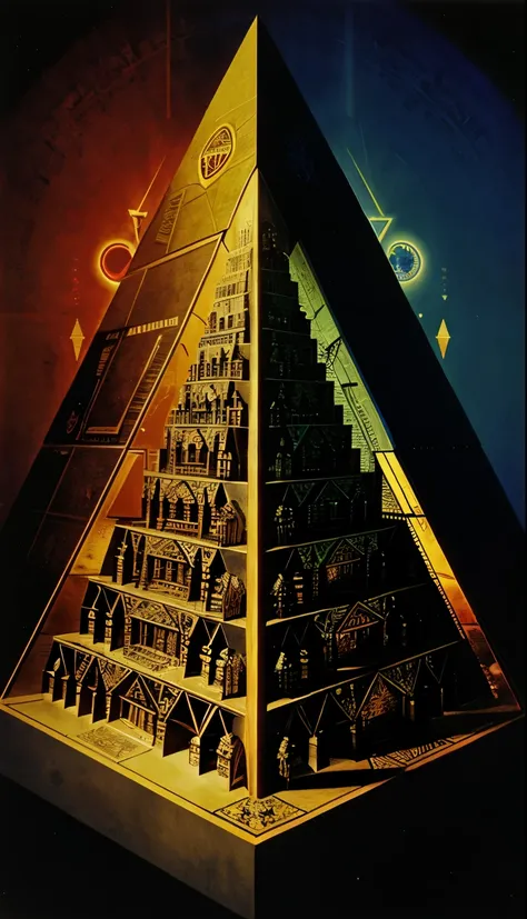 arafed image of a pyramid with a pyramid and a pyramid of skulls, ancient megastructure pyramid, Masonic art, Cedric Soth (Keos Freemasons), damn it, ego of death, damn it, ego death, pyramid, About Providentia, Alex Gray and Beksinski, pyramid portal, Ale...