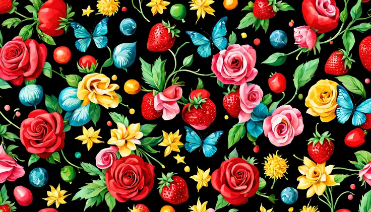 ((RED background)) Seas of freshness with the Ocean Rose — ocean breeze, sun-bleached driftwood, and a touch of salty sea air. colorful pearls, jewels, ((butterfly)), ((yellow small stars)), (strawberry), rose, || (embroidery) seamless pattern, fruit, butt...