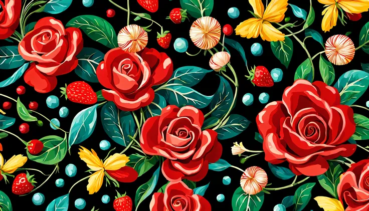 ((RED background)) Seas of freshness with the Ocean Rose — ocean breeze, sun-bleached driftwood, and a touch of salty sea air. colorful pearls, jewels, ((butterfly)), ((yellow small stars)), (strawberry), rose, || (embroidery) seamless pattern, fruit, butt...
