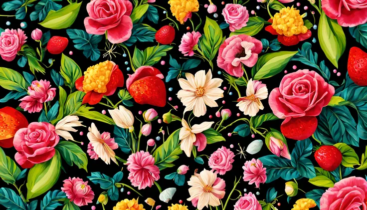 ((RED background)) Seas of freshness with the Ocean Rose — ocean breeze, sun-bleached driftwood, and a touch of salty sea air. colorful pearls, jewels, ((butterfly)), ((yellow small stars)), (strawberry), rose, || (embroidery) seamless pattern, fruit, bu...