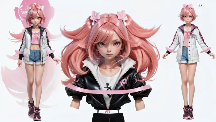 same like image given, full body standing pose,  anime girl with pink hair anime face girl standing pose with pink short straight hair with one white bow in hair, wearing black shirt, white jacket, shiny eyes, Full body, Character Sheet, 12 yo student, Ful...