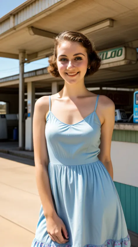 retro analog style photo of a 28 year old feminine woman happily posing in a clean and beautiful sundress, high detail, soft foc...