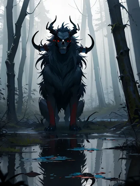 A demon with horns and a skull mask crawls out of a bog with a mire, a foggy, gloomy forest, a horror.