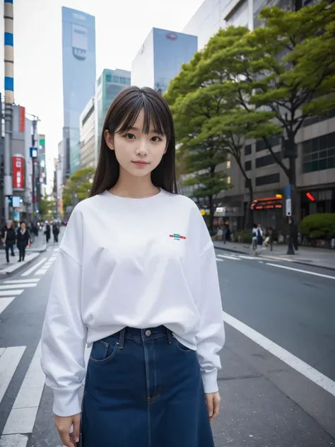 Photoreal, 8K full-length portrait, Beautiful woman, attractive look, Clear system, 16 years old, Tokyo, 2024, spring, Shibuya in the background