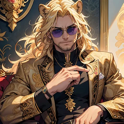 Purple and gold paisley jacket, ((one male)), lion ears, long hair, blond, blond hair, green eyes, tall, muscular, white shirt, ((beautiful face)), ((highest quality)), ((masterpiece)), ((2d)), (anime), perfect face, (((highest detail))), feline eyes, stub...