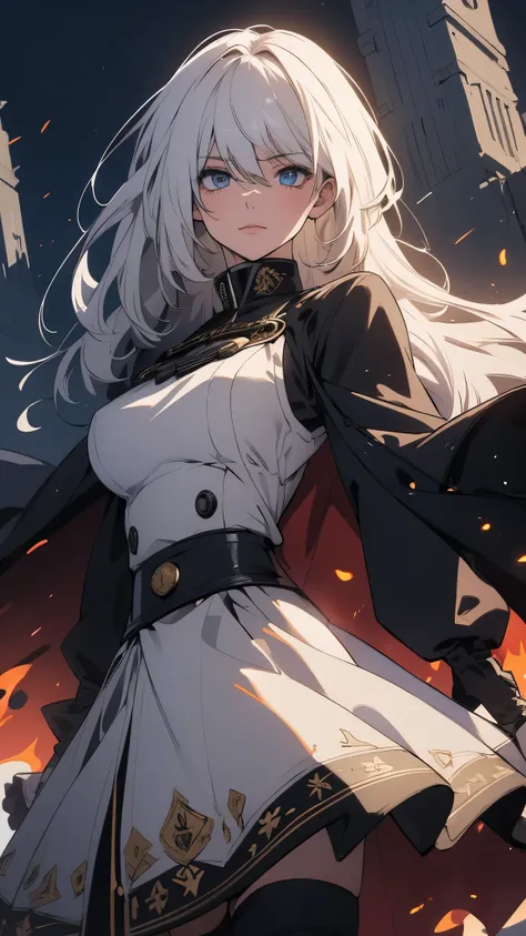 (extremely detailed CG unity 8k wallpaper), (masterpiece), (best quality), (ultra-detailed), (best illustration), (best shadow), (absurdres) ,(detailed eyes), 2b, 1girl, long hair, white hair, solo, Intimidating women, admiral uniform, night, hero pose, wh...