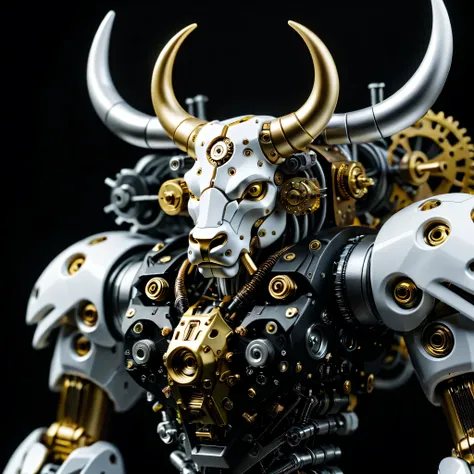 Half-length photo or portrait, White and yellow bull machine head on solid black background, Composed of ultra-precision mechanical components, Electronic, and metal armor.(Ray tracing, Well-designed, high detail, masterpiece, best quality, ultra high defi...