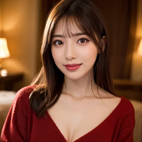 (highest quality、table top、8k、best image quality、Award-winning work)、(one young girl, 15 years old:1.1)、(Perfect V-neck red long knit sweater:1.3)、red eyeshadow、perfect makeup、long eyelashes、Super high-definition sparkling eyes、ultra high definition hair、u...