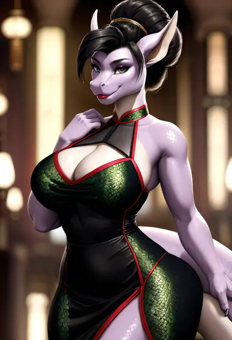 4k highly detailed realistic digital extremely high quality drawing, masterpiece, (by keeltheequine), (uploaded on e621), (a three-quarters portrait of an anthro dragon), (beautiful updo hair), (wearing a revealing qipao), (beautiful and detailed eyes: 1.1...