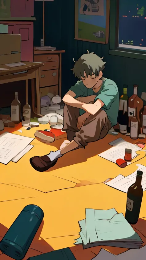 "A  (solo)1 man who is drunkenly and take some bottle heartbroken due to a breakup Sitting in a messy room, anime Ghibli style, 8k, 