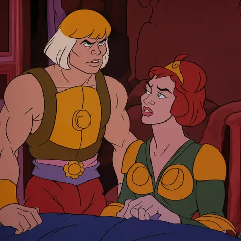 a close up of a cartoon of he man and teela, he - man, he-man, filmation, he-man!!!!!, he - man!!!!!, filmation animation, 1980s cartoon, 8 0 s cartoon