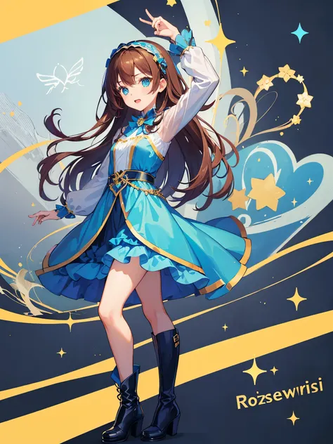 ((a girl)), rosybrown hair, azure eyes, ((idol costume)), long boots, ((individual)), ((high quality)), hairband, blue dress