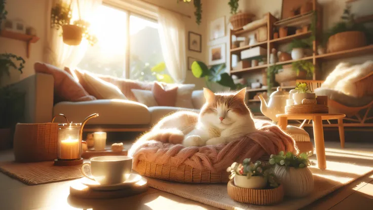 A cat is lying on a pillow in the living room, cozy home background, Soft autumn sunshine, realistic afternoon lighting, afternoon sunshine, cozy place, cozy wallpaper, cozy living room background, Designed for a cozy aesthetic!, Cozy and calm, Cinematic m...