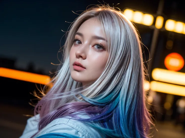 (gradient hair, dutch angle:1.3), film grain, chromatic aberration, city centre, masterpiece, best quality, raw photo, photorealistic, absurdres, 1girl, cute, perspective, cowboy shot, highres, ultra detailed, finely detail, detailed eyes and face, sharp p...