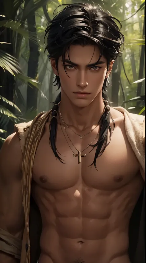 1 boy,Handsome，tall and strong,perfect male figure, eyes looking at camera, ((tanned skin)),forest，primitive，feather hair accessories，Oil paint on the face，black hair,serious expression,Beast tooth necklace,Ray tracing