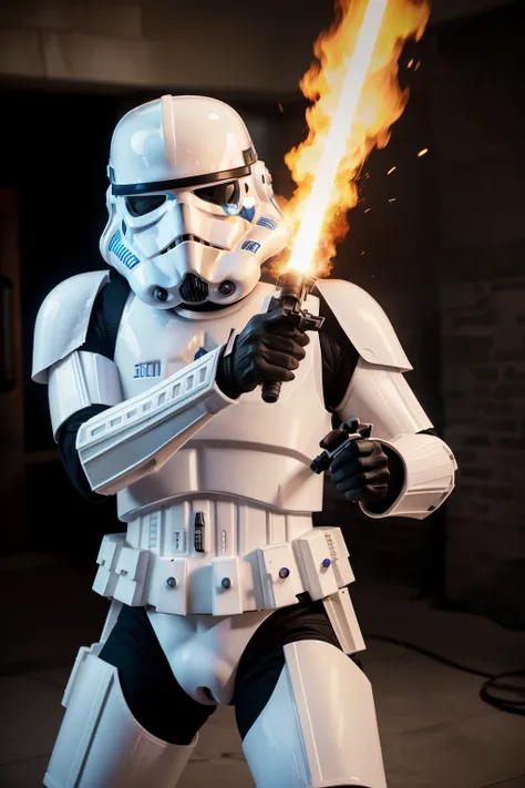 /imagine prompt:Stormtrooper, Star Wars scene, fighting rebels, blast fire still picture, action position, Sharp focus on Stormtroopers face and weapon, Dramatic contrast and saturation to emphasize fire, Low key lighting with shadows to highlight the inte...