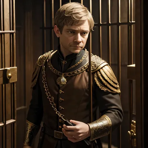 Man, short , in a beautiful outfit, Martin Freeman&#39;Face, prince, in a cage, fantasy, high quality, average age