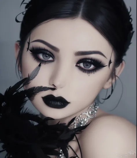 a woman with maquillaje negro and black feathers on her head, goth eye liner, gothic makeup, wearing gothic makeup, cruel korean gothic girl, gothic makeup, bubble gothic makeup, maquillaje negro, maquillaje oscuro, encantadores ojos negros, gothic girl ae...