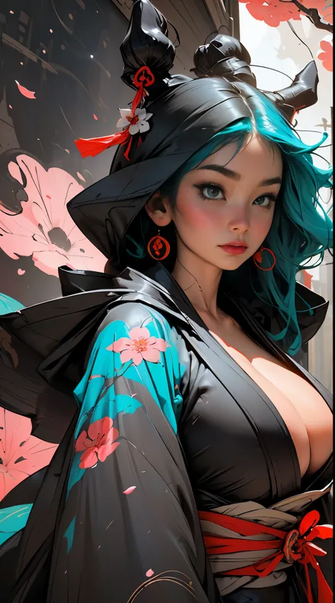 (masterpiece, top quality, best quality, official art, beautiful, cosmic, atmospheric, psychedelic, dreamlike, shinto shrine and aesthetic:1.2), (1girl, platinum blue hair, beautuful highly detailed Harajuku-inspired hooded kimono, tons of tattoos and pier...