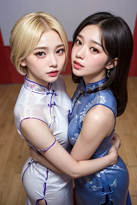 ((blank background)),(((two girls in cheongsam))),(one is a 22-year-old korean kpop idol，blonde short hair.),(one is an 18-year-...