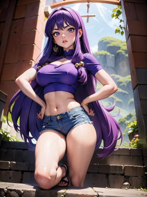 Anime cabelo purple com short jeans e blusa rosa brilhante, 17 anos, corpo bonito, seios grandes, com as hands on chest, hands on chest, Garota sexy, purple cabelo, mechas de cabelo laterais, mechas de cabelo na lateral do rosto, beautiful lighting, sombra...