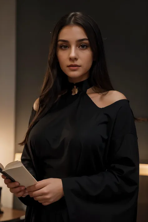 woman nun in black robe, Beautiful italian sexy woman, a sexy girl, a beautiful, open big breasts, photo of a beautiful, book in hand, Young sexy woman, beautifully soft lighting, The Goddess, woman, detailed eyes and face, beautiful detailed eyes, choker ...