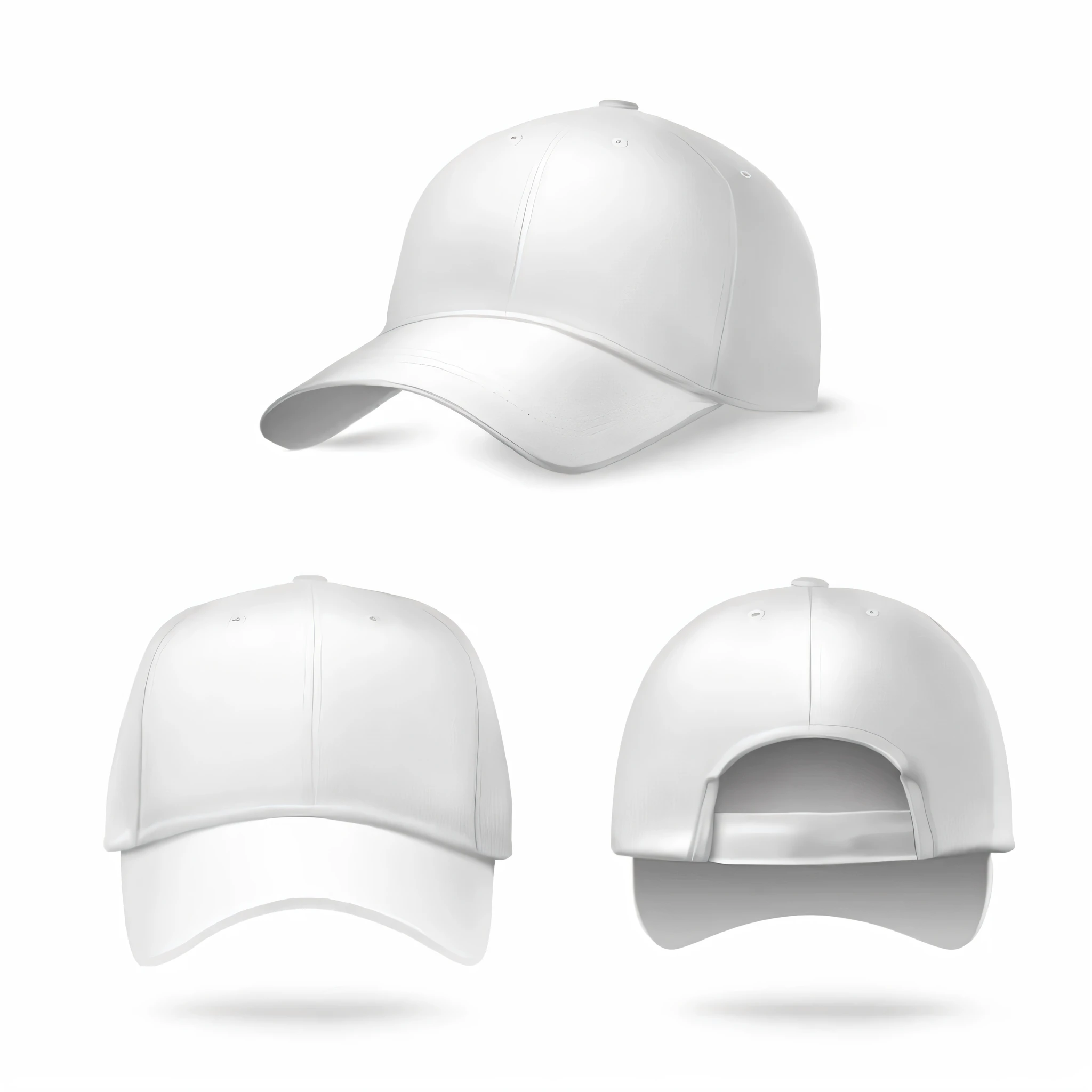 a set of four white baseball caps on a white background, white cap, white baseball cap, white baseball hat, white hat, wearing a baseball cap, hats, front back view and side view, hat, baseball cap, wearing baseball cap, cap, wearing a backwards baseball c...