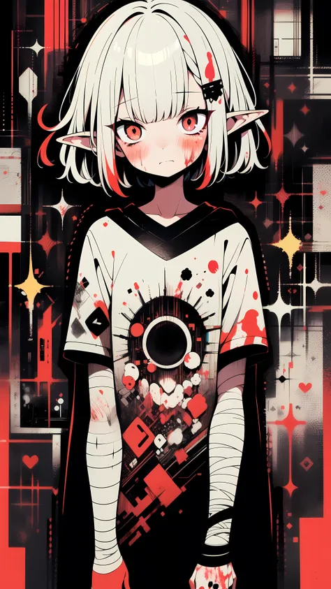 hightquality、neon color palette、high-level image quality、Kawaii elf Girl、Unprecedented amount of drawing、anime styled、Geometric pattern background、sticker style、short hair、dark hair、brown eyes, messy hair, menhera, bandages, loose clothing, baggy t-shirt, ...