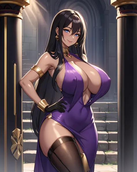 olga discordia, long black hair, colored skin, brown skin, hair stick, bangs, blue eyes, solo, smiling, standing, upper body, hips, bare shoulders,purple thighhighs,violet dress, gold jewelry,armor,gloves,circlet, cleavage, red and gold royal castle, gigan...