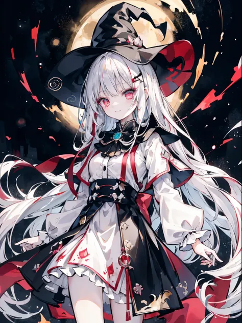 young girl、human、a magician who always smiles、large witch hat 、cute、long white hair、red eyes and glazed eyes、bangs are heavy、thi...