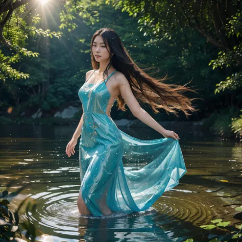 A highly detailed acrylic paint image of a beautiful young Chinese woman with flowing long hair with a detailed flowing dress made of water in dynamic poses and aesthetic interplay of movements playing with water magic, with the bright sun in azure reflect...