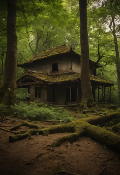 (dim深いforest)、Eerie Tranquility、ruins left behind、forest、realistic、(photo quality)、High resolution、(fallen giant tree)、strange atmosphere、landscape、scary picture、dim、high quality、(unmanned)、background、(abandoned place)、strange atmosphere、((abandoned machin...