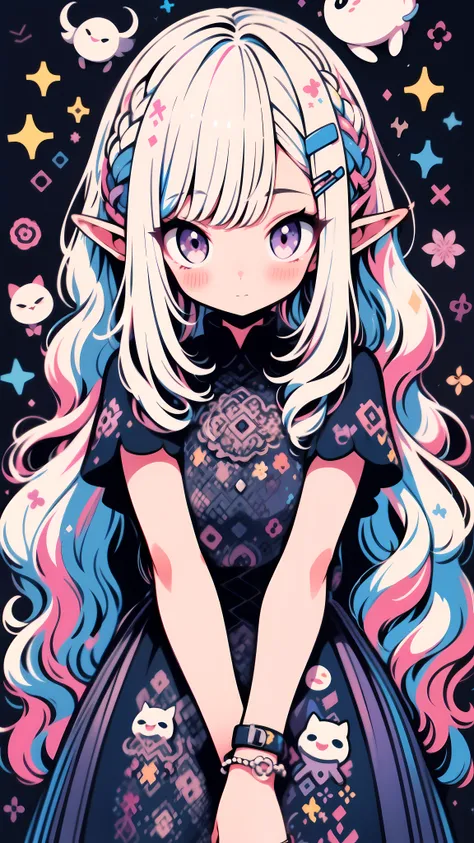 hightquality、Colorful color palette、high-level image quality、Kawaii elf Girl、Unprecedented amount of drawing、anime styled、Geometric pattern background、sticker style、Long hair、light pink hair、purple eyes, drill hair, front facing, posing, hands posing, lace