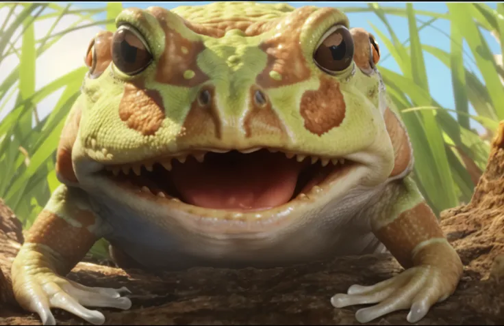 frog，toad, intense expression，teeth，terrible，Real close-up, big toad, toad, reptile face, Extreme close-up, alien frog, Very close-up, closeup 4k