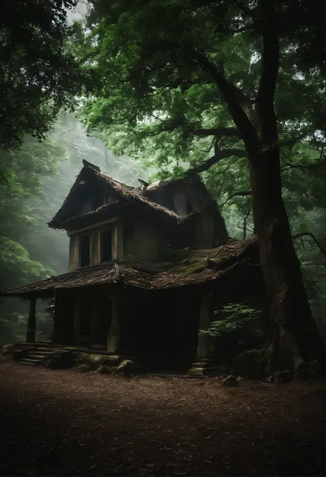 (dim深いforest)、Eerie Tranquility、ruins left behind、forest、realistic、(photo quality)、High resolution、(fallen giant tree)、strange atmosphere、landscape、scary picture、dim、high quality、(unmanned)、background、(abandoned place)、strange atmosphere、((abandoned machin...