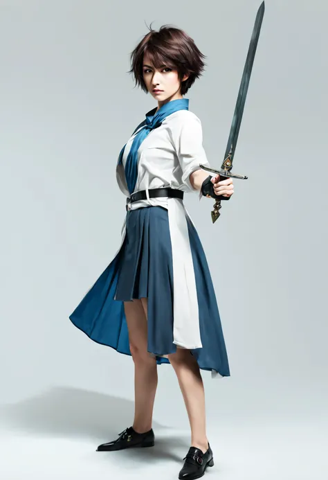 Create an anime-style virtual intelligence image of a woman with short hair holding a sword. Certifique-se de que a imagem gerada tenha um fundo transparente, because I intend to use it in a layout. A woman&#39;s pose should exude confidence and determinat...