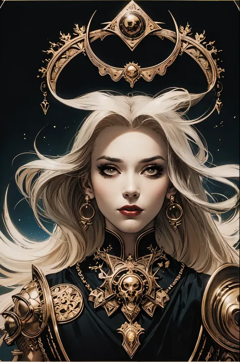 (best quality, masterpiece), (tarot, tarot card,:1.1) solo platinum blonde female as powerful lady death, black background, gold...