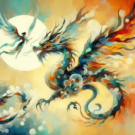 asian dragon, 1 small flying goddess, art painting, abstract, unclear figure, light and bright colors, artist wassily kaandinsky