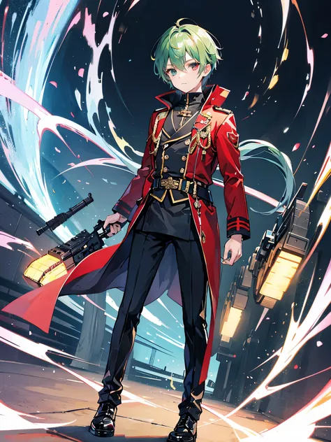 a boy)), green eyes, red eyes, ((idol costume)), long boots, ((individual)), ((military jacket)), ((high quality)), monocle