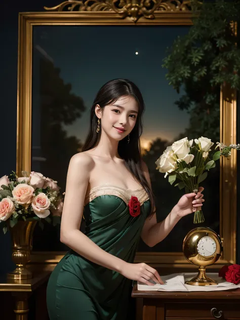 Jacques-Louis David painting style,Arguments of two female Philosophe,math、astronomical machine、astronaut、roses in vase、fruits、Cute trinkets、smile、ancient greek costume、Background is a forest lake at night 、Clothes that stretch your shoulders、A big smile、b...