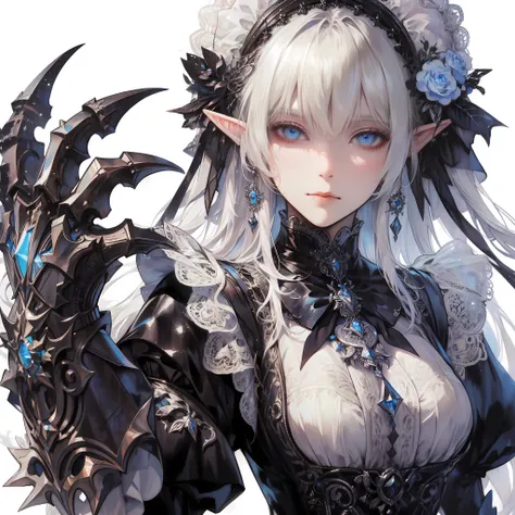 a elf woman wearing a long-sleeved and intricate gothic maid outfit with details of small accessories, white hair, blue eyes. sh...