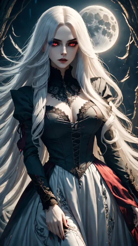 (best quality,4k,8k,high resolution,masterpiece:1.2),Super detailed,(actual,photoactual,photo-actual:1.37),gothic style,The atmosphere is gloomy,dark shadow,weird,unforgettable beauty,vampire girl,red eyes,Pale complexion,long hair,flowing long skirt,lace,...