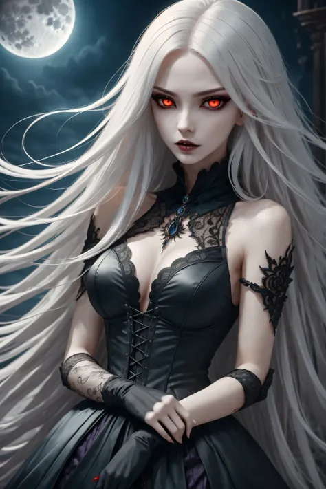 (best quality,4k,8k,high resolution,masterpiece:1.2),Super detailed,(actual,photoactual,photo-actual:1.37),gothic style,The atmosphere is gloomy,dark shadow,weird,unforgettable beauty,vampire girl,red eyes,Pale complexion,long hair,flowing long skirt,lace,...