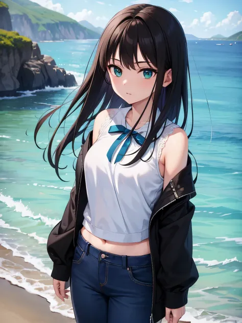 1 girl, mature woman, green eyes、black long hair、casual clothes、blue sweater、long pants、bow, highest quality, hire, detailed face, along the coast、pose on the beach、 detailed background, Depth of written boundary, Bokeh